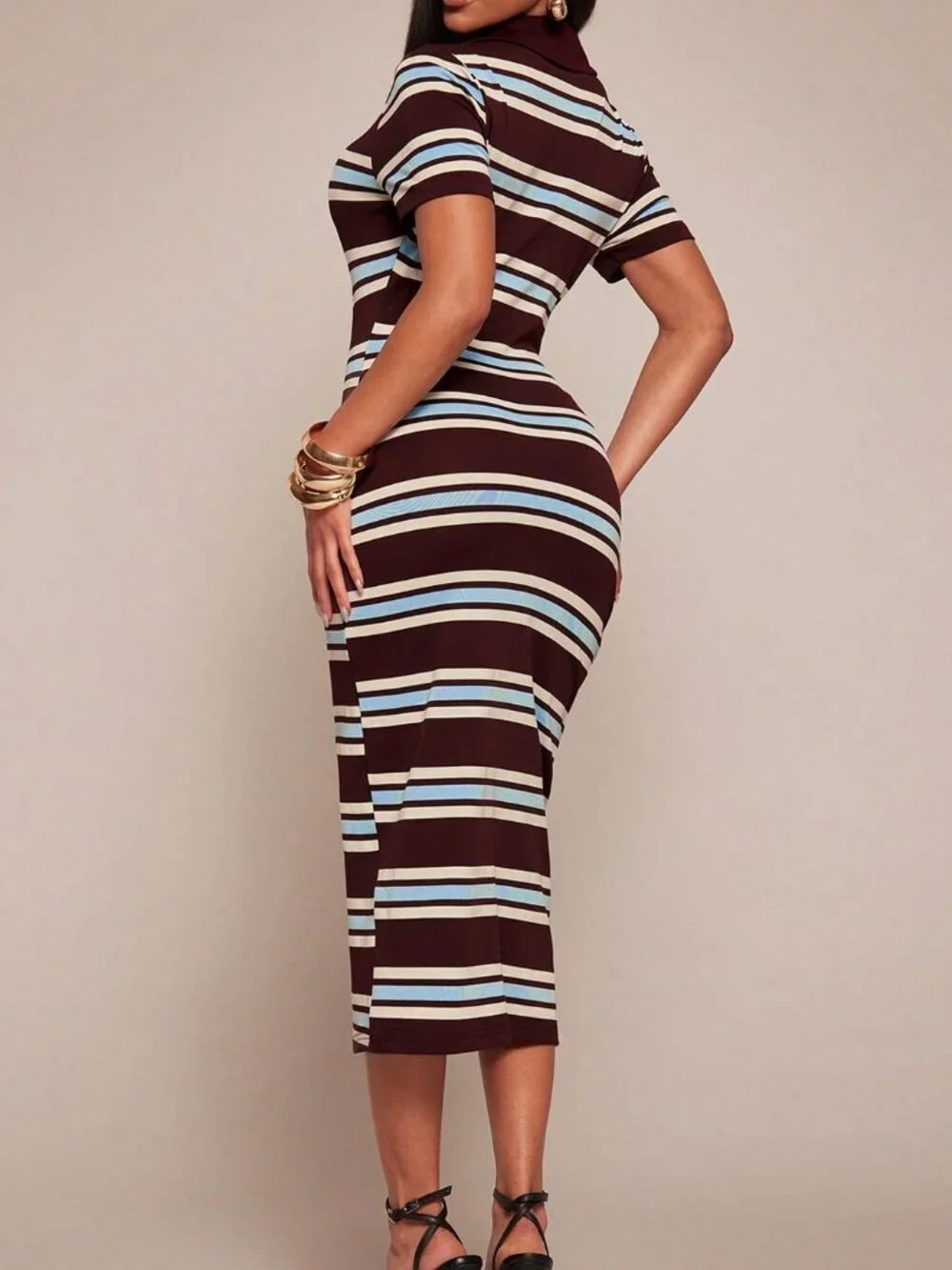 Multicolor Casual Women's Striped Short Sleeve Polo Collar Dress
